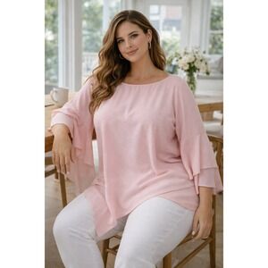 INC Plus Size 3X Petal Pink Blouse | Boat Neck Ruffle Sleeve Flowing Top